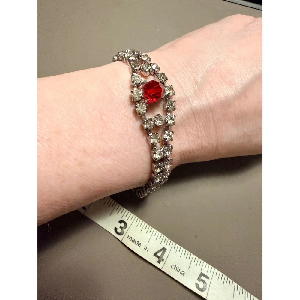 Vintage Silver Tone Red‎ Crystal Double Strand Rhinestone Bracelet 7 Inch